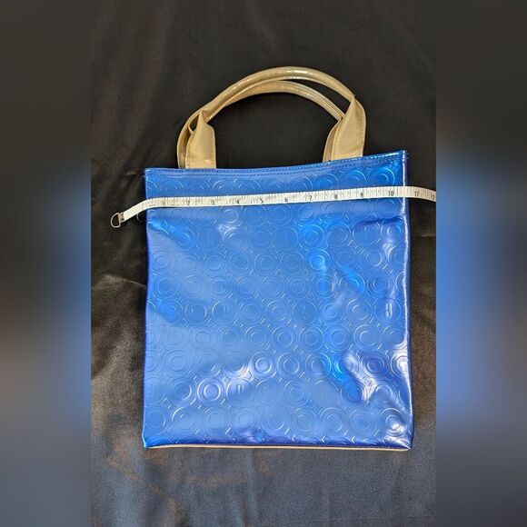 Clinique Tote Large Cosmetic Case Metallic Blue Tan Gold Handle Vinyl Patent - Picture 8 of 9